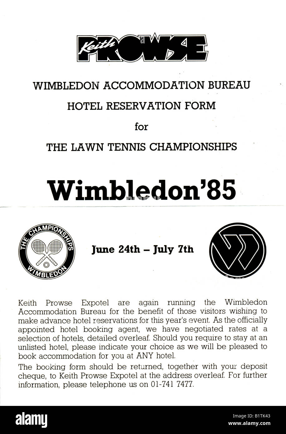 Keith Prowse Wimbledon Tennis Championships Lista di alloggi e modulo di prenotazione 1985 per solo uso editoriale Foto Stock