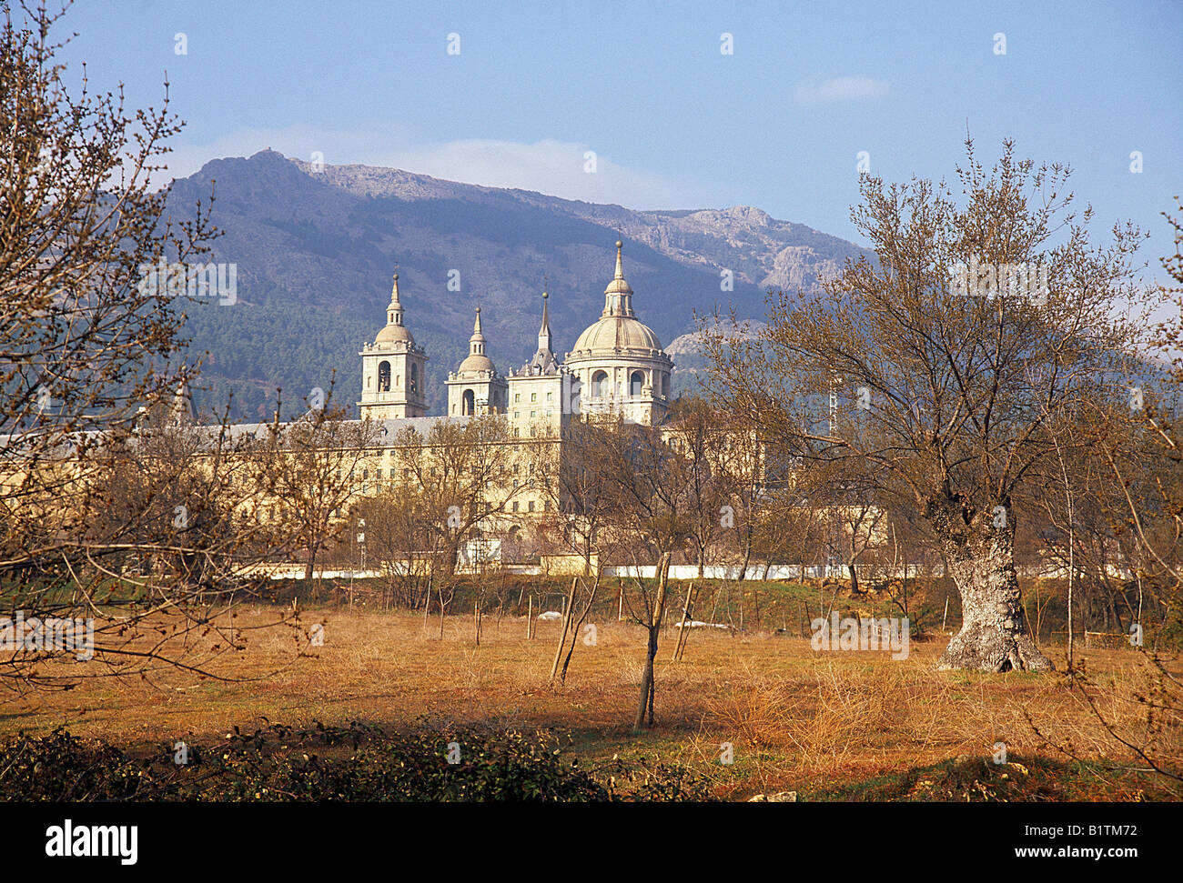 Il monastero di San Lorenzo de El Escorial visto da La Herreria. Provincia di Madrid. Spagna. Foto Stock