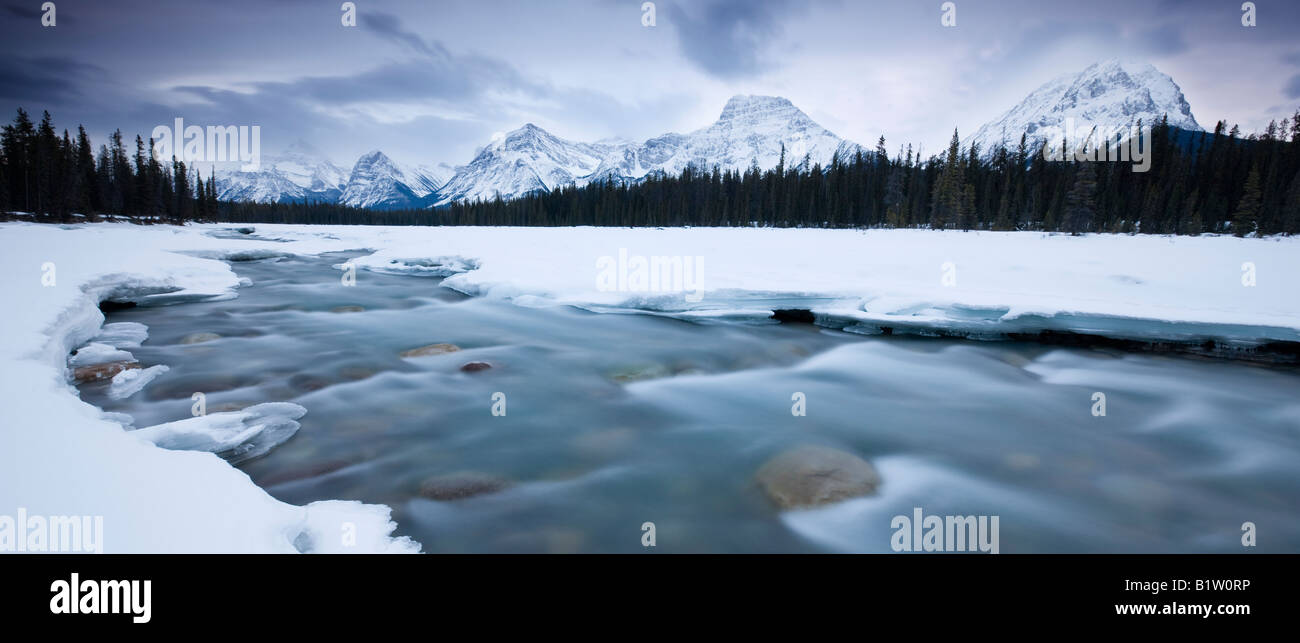 Canada Alberta del Parco Nazionale di Jasper montagne rocciose visualizzate sul fiume Athabasca Foto Stock