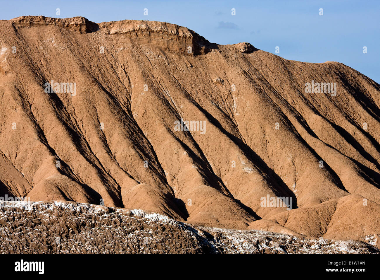 Geologia - erosione di acqua di soffice roccia sedimentaria nel deserto di Atacama nel Cile Foto Stock