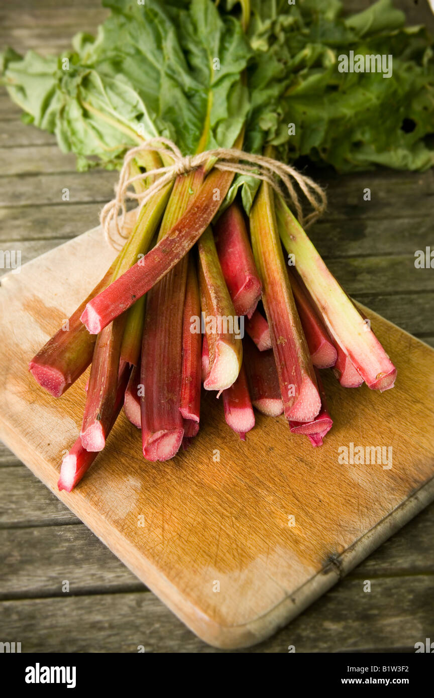 Rabarbaro posa sulla tavola, raccolte di recente e pronti per essere cucinati Foto Stock