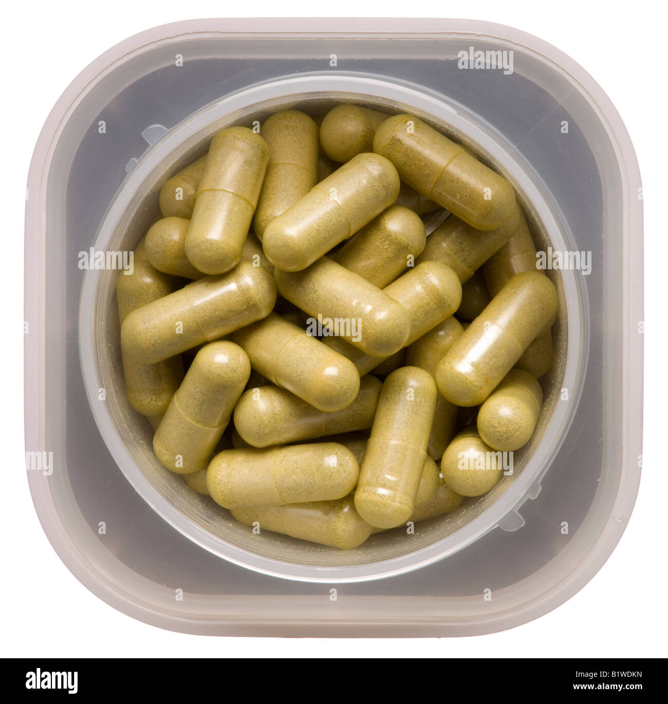 Pillole di capsule in vasca in plastica Foto Stock