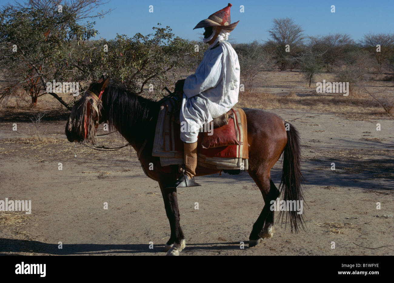 Il Ciad Central North Africa Trasporti uomo a cavallo in abiti tradizionali e hat sub Sahara di macchia Foto Stock