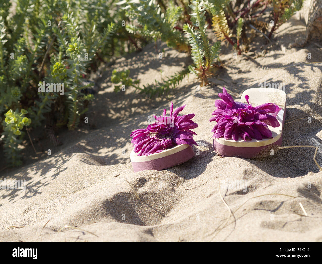 Una coppia di flip flop sulla sabbia Foto Stock