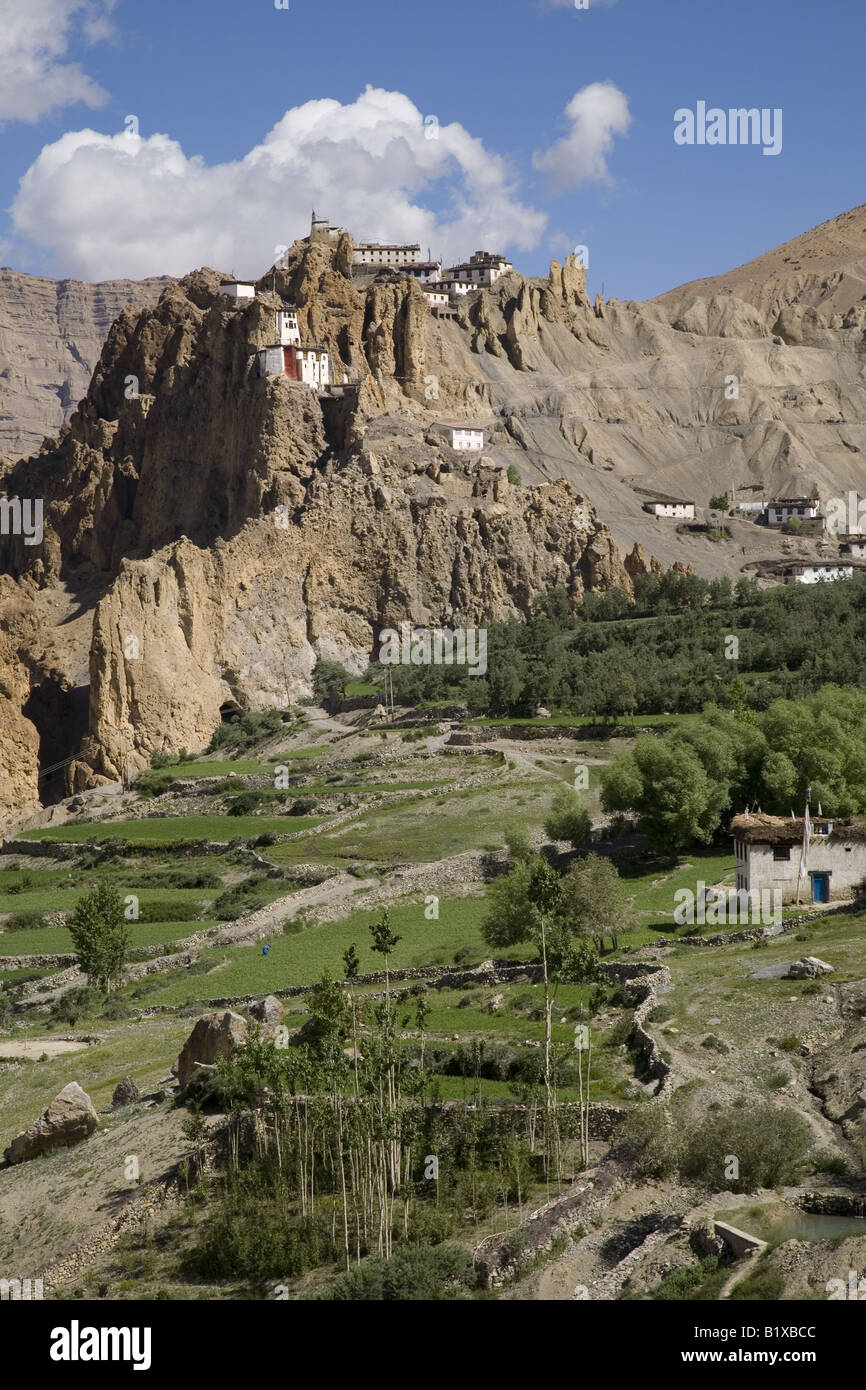 Vista del villaggio di Dhankar (3890m), il monastero e il fort. Spiti valley, Himachal Pradesh. India, Asia. Foto Stock