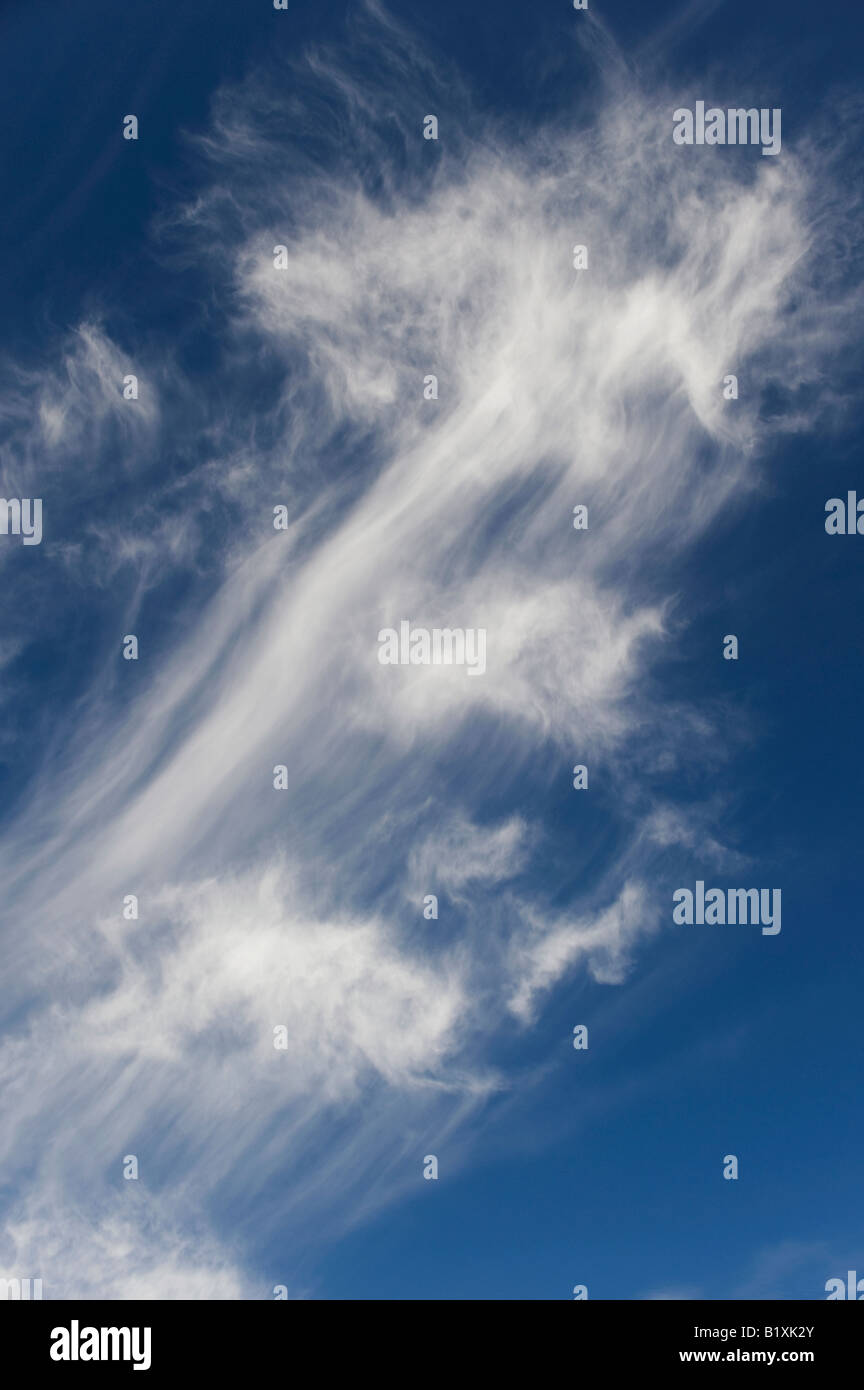 Cirrus nubi in un luminoso cielo blu in Scozia Foto Stock