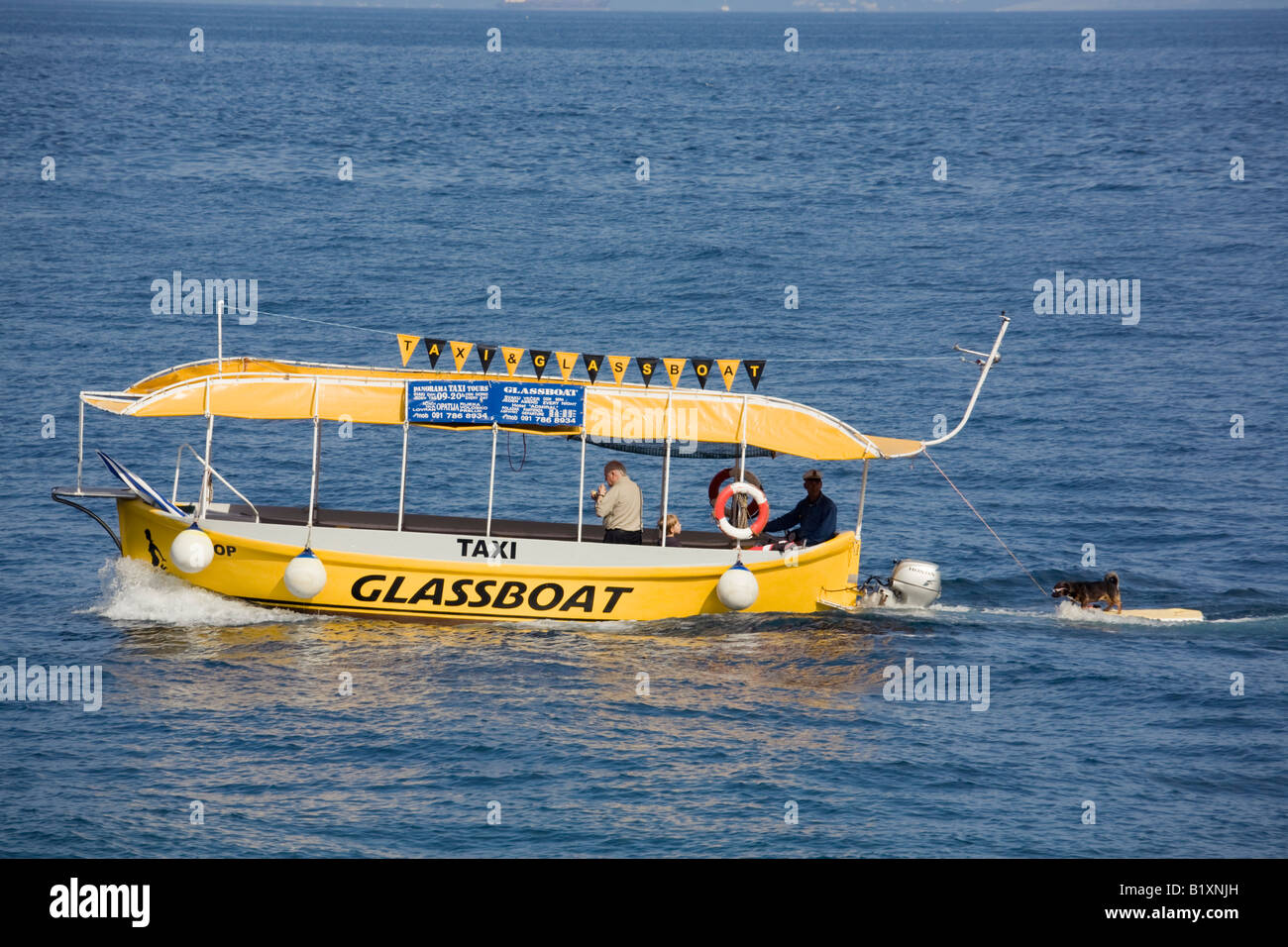 Opatija Istria Croazia Europa Può Glassboat turistica taxi acqueo cane di traino sulla tavola da surf in mare sulla costa di Kvarner Foto Stock