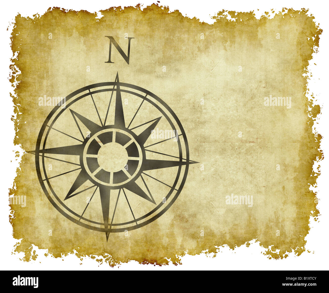 Grande freccia nord e bussola sulla vecchia carta pergamena con spazio di copia Foto Stock