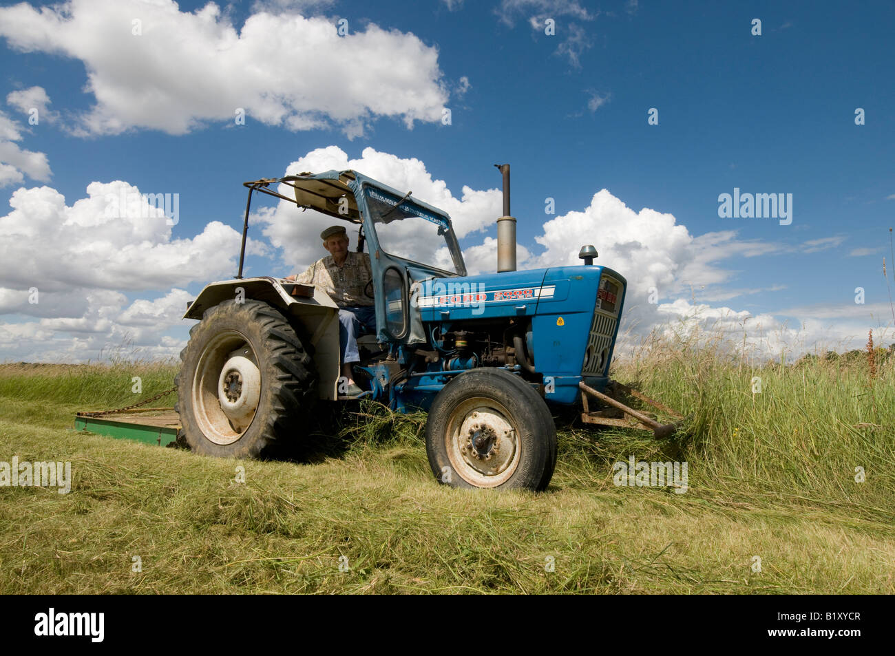 Coltivatore su Old Ford 2000 trattore il taglio di prato, sud-Touraine, Francia. Foto Stock