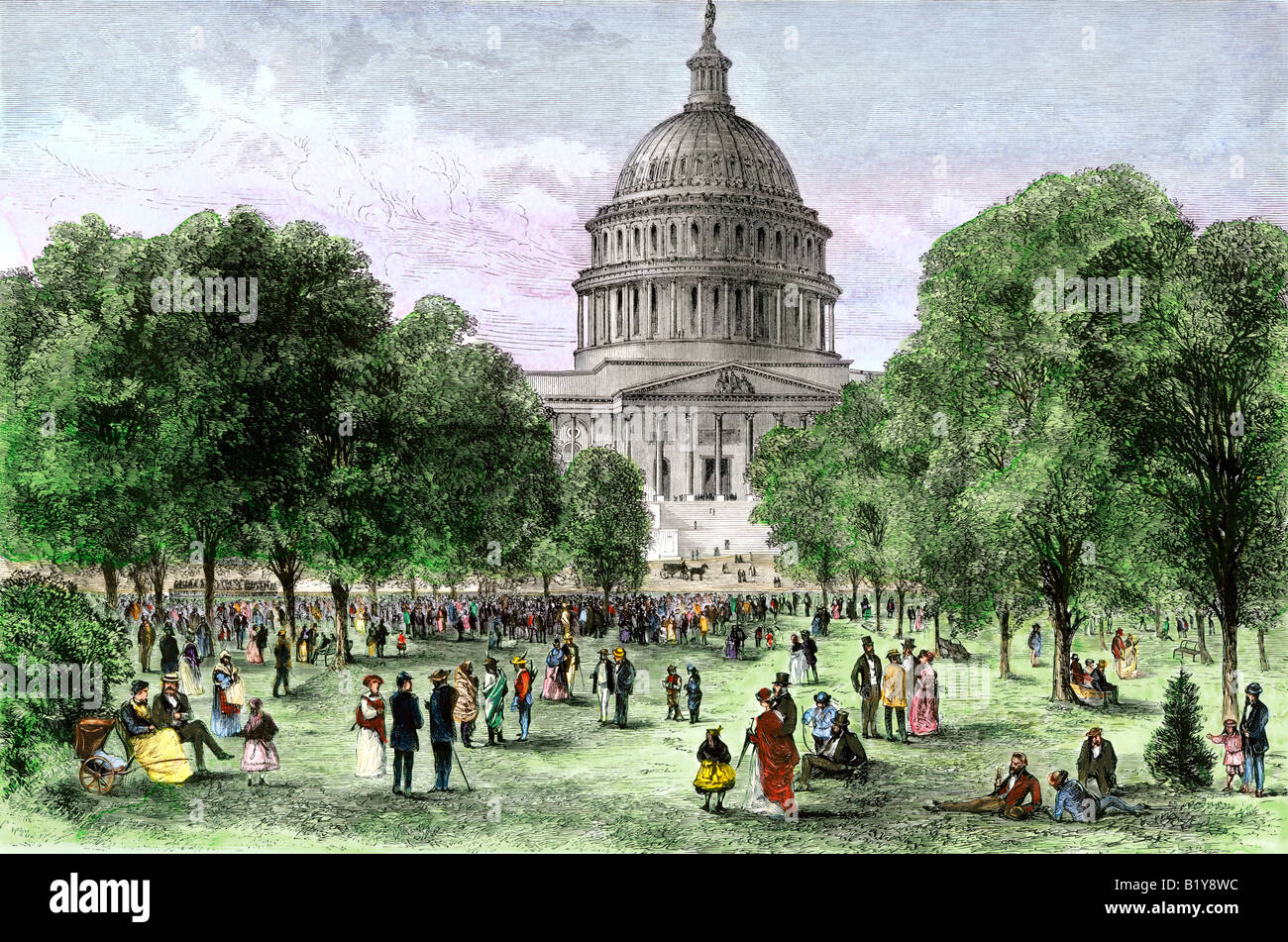 I cittadini godono di musica su una serata estiva in Washington DC 1870s. Colorate a mano la xilografia Foto Stock