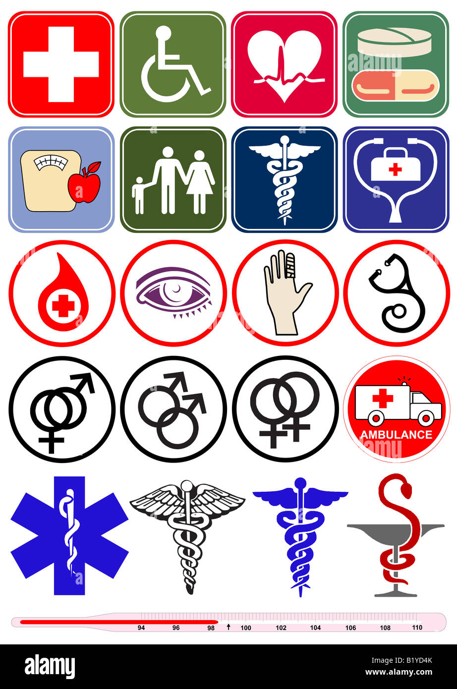 Il vettore in base sanitario e medico illustrazioni di oggetti, isolata contro uno sfondo bianco Foto Stock