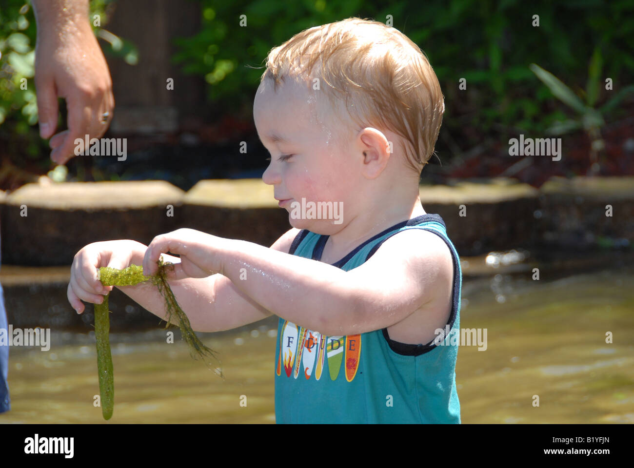 Un bambino gioca con alghe marine in un lago durante l'estate. Foto Stock