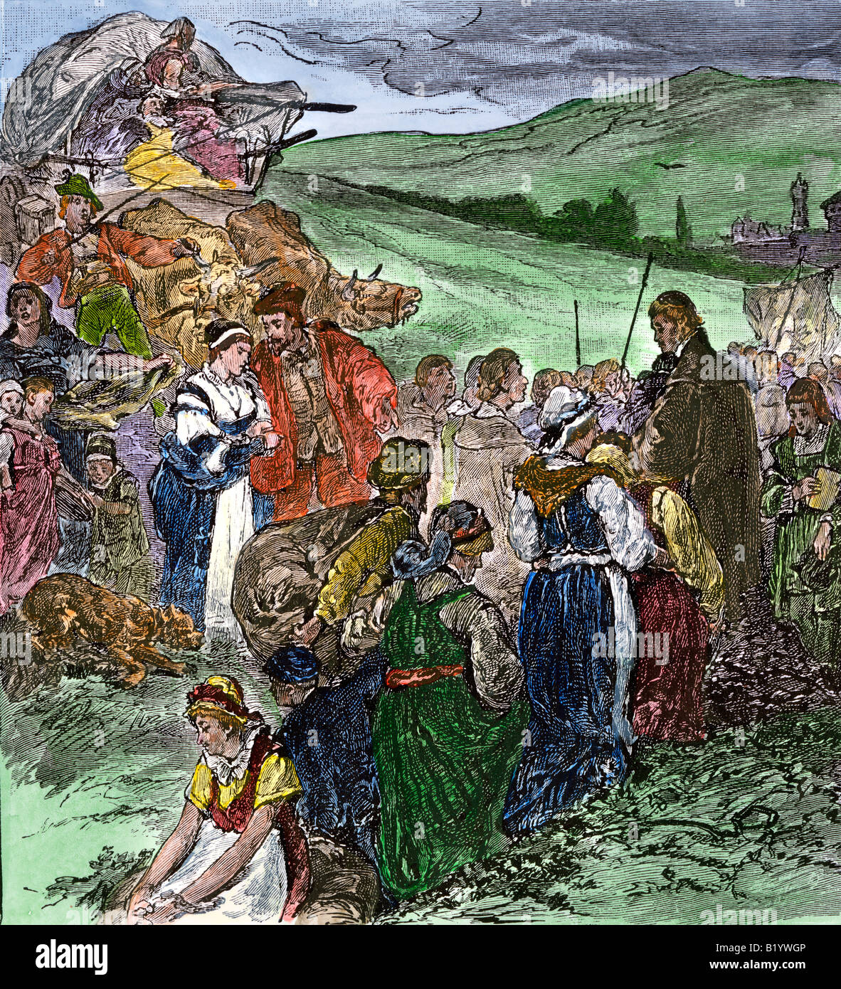 Le famiglie tedesche da Salisburgo arrivano in Georgia Colonia 1733. Colorate a mano la xilografia Foto Stock