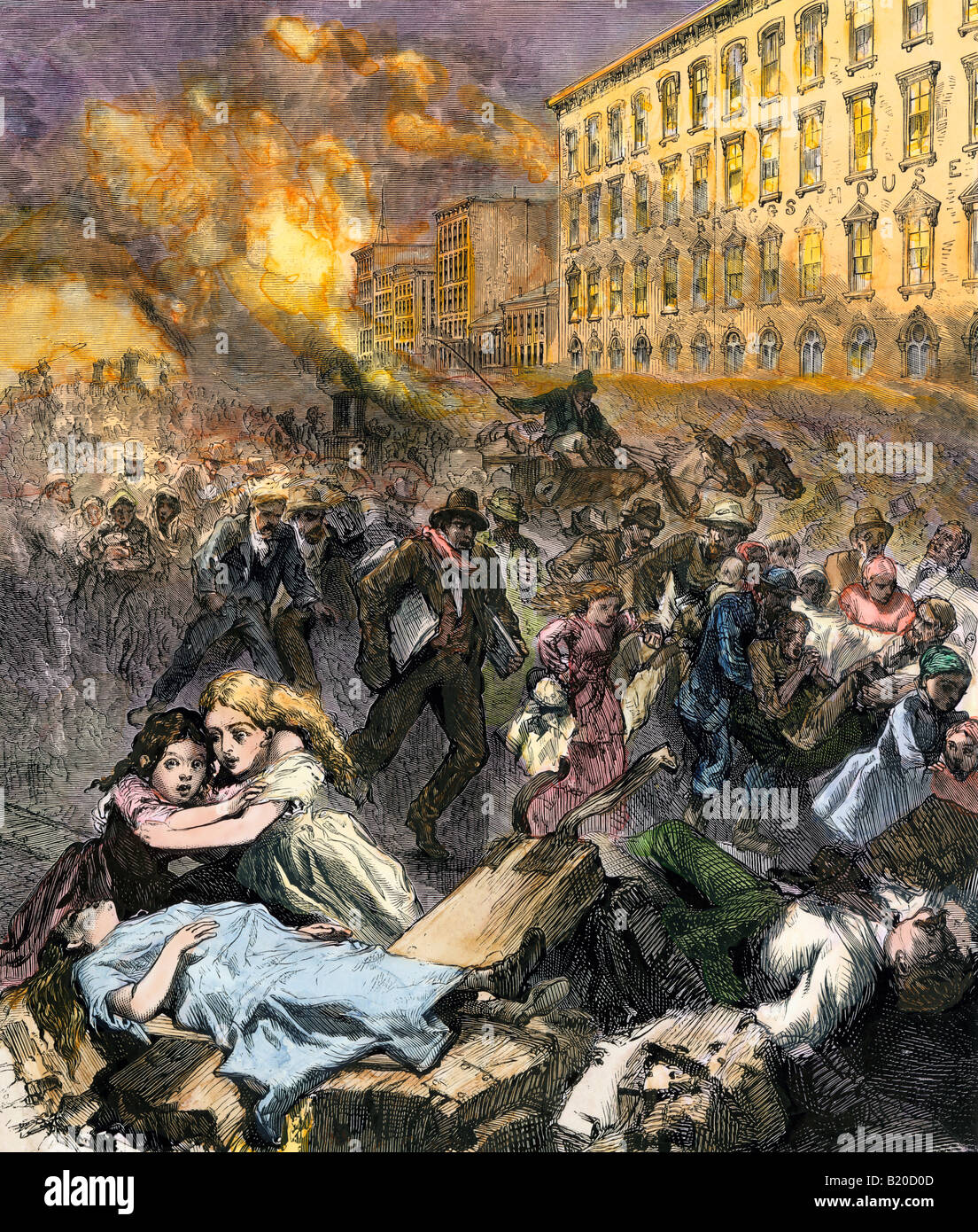 Terrorizzato i cittadini in fuga Wells Street durante il Chicago Fire 1871. Colorate a mano la xilografia Foto Stock