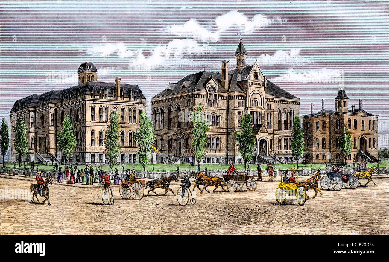 Carrello il traffico attorno a Piazza del Campidoglio a Boise Idaho circa 1890. Colorate a mano la xilografia Foto Stock