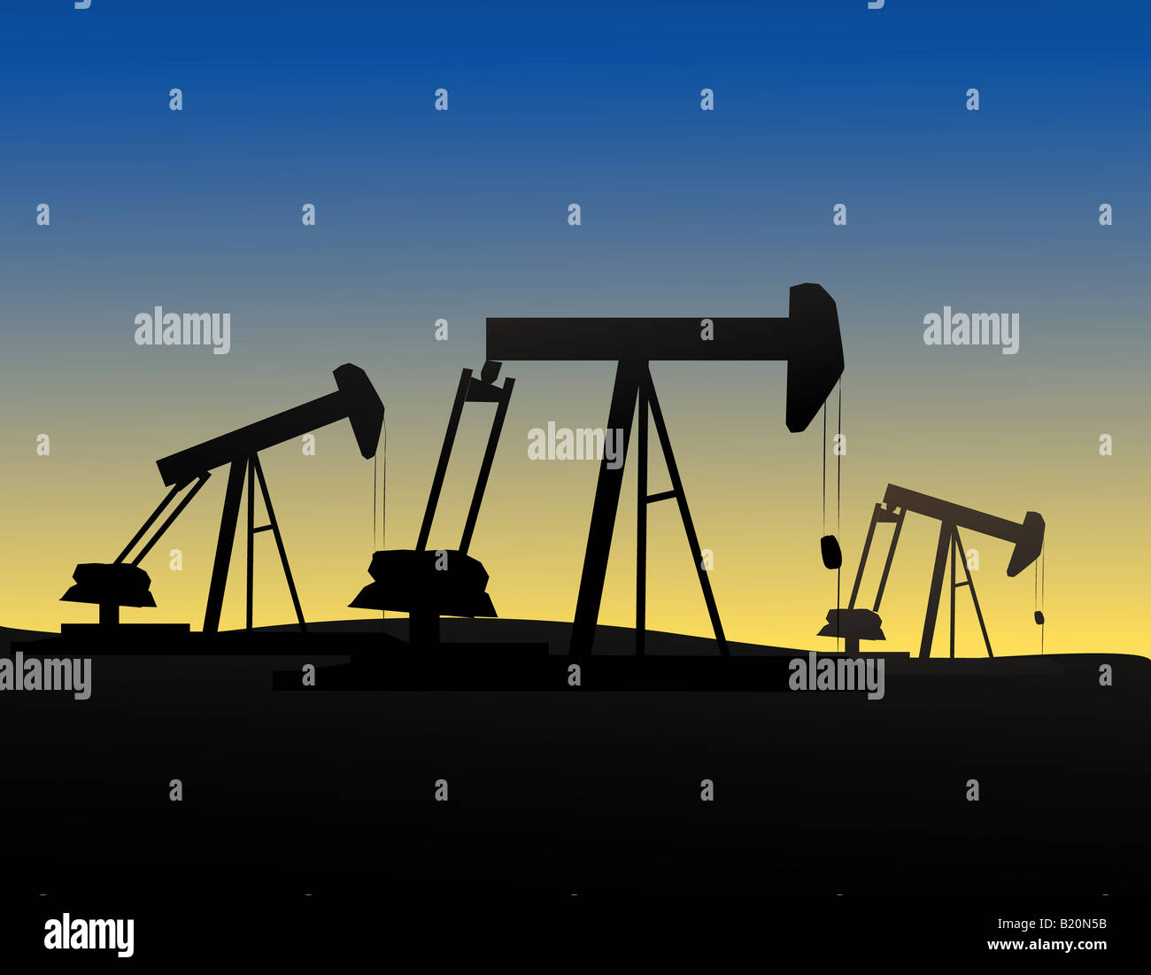 Olio pumpjacks Derrics stagliano contro il cielo di sera Foto Stock