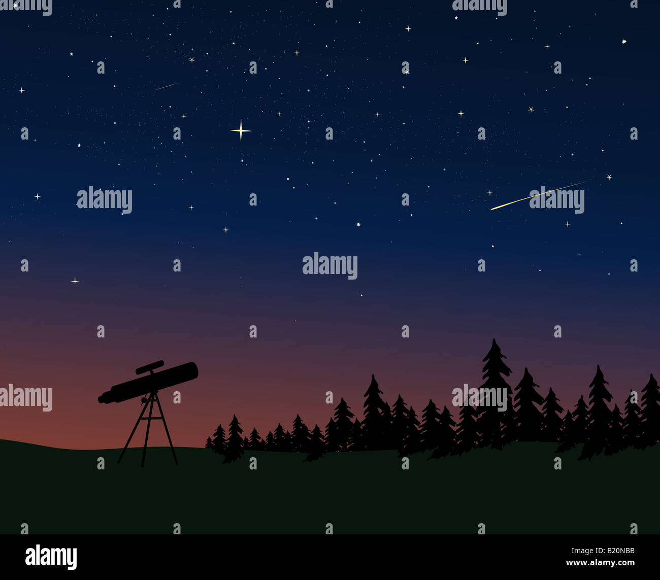 Telescopio stagliano contro il tramonto Cielo notturno Foto Stock