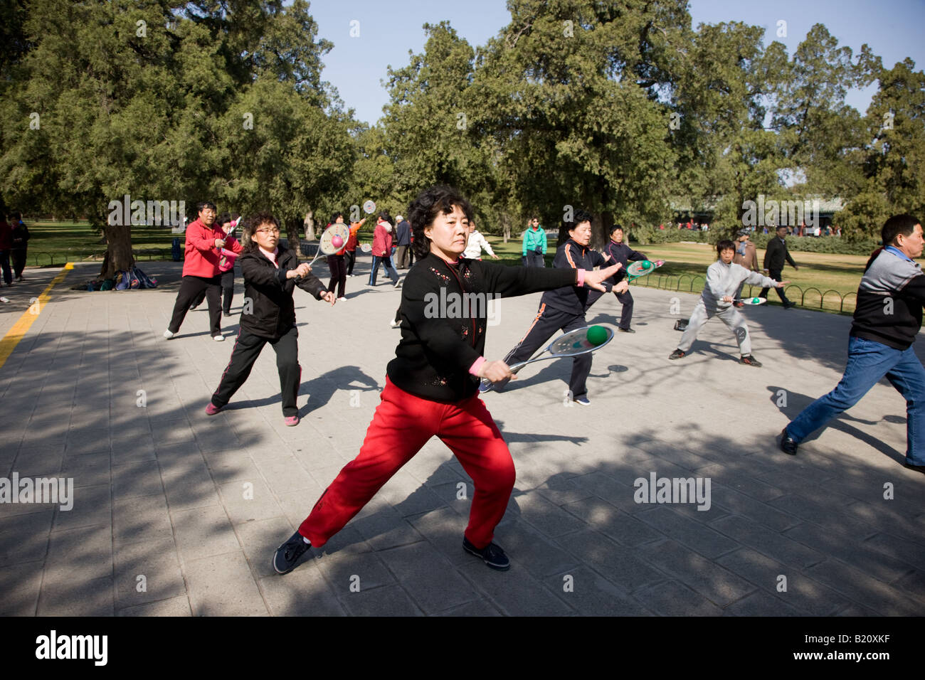 Tai Chi con la bat e la sfera nel parco del Tempio del cielo di Pechino CINA Foto Stock