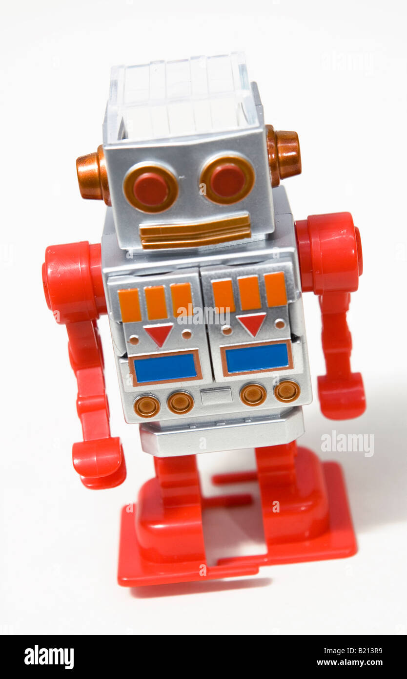 Robot Retrò Tiro giocattolo contro uno sfondo bianco Foto Stock