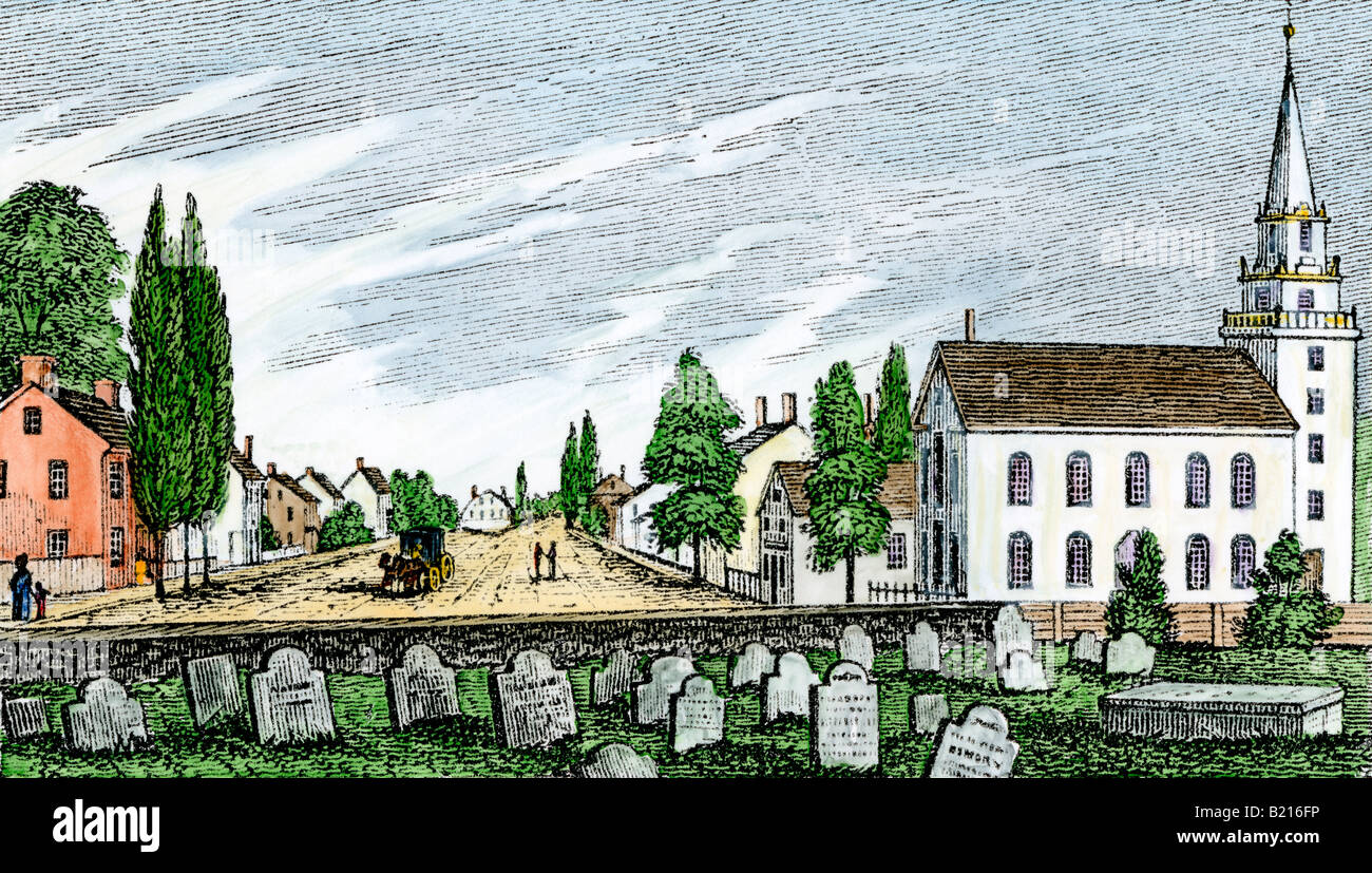 La strada principale di Swedesboro New Jersey circa 1840. Colorate a mano la xilografia Foto Stock