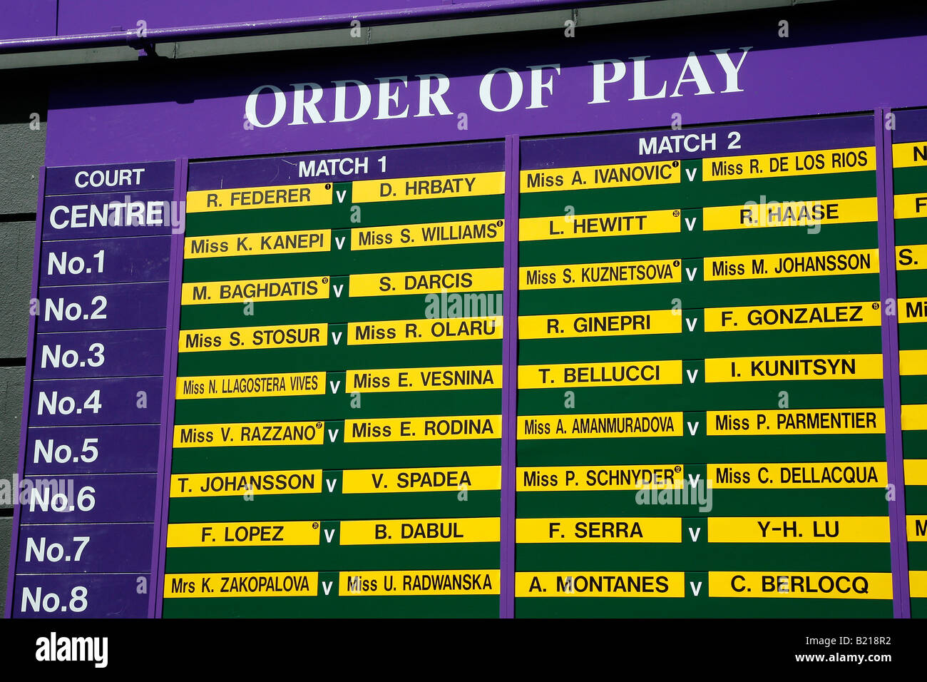 L'ordine di gioco su scheda per la prima giornata del torneo di Wimbledon Tennis Championships 2008 Foto Stock