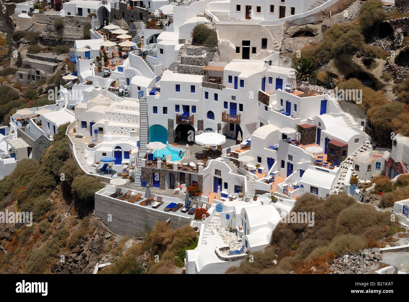 Veduta aerea Oia, città sull'isola di Santorini, Grecia Foto Stock