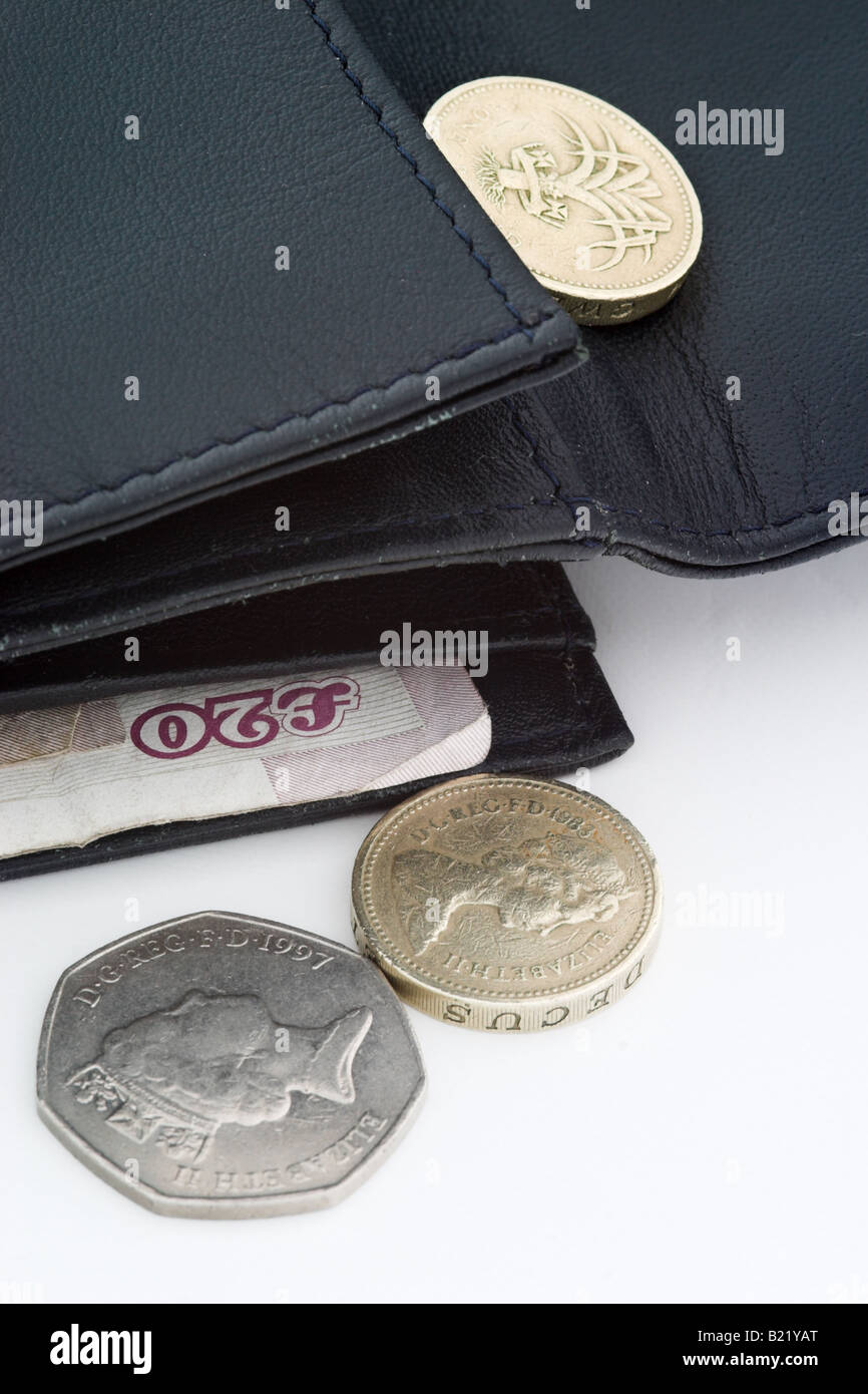 Il denaro sotto forma di banconote e monete da un portamonete aperto contro uno sfondo bianco Foto Stock