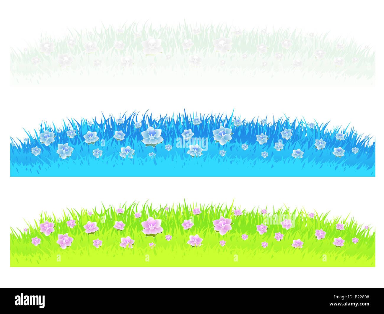 Illustrazioni vettoriali di tre diversamente colorate ed erba di prato elementi di design con splendidi fiori Foto Stock