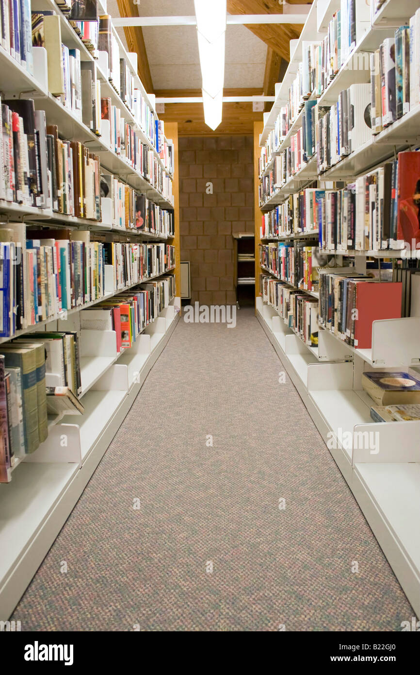 Le navate laterali in una biblioteca pubblica con scaffali pieni di libri Foto Stock