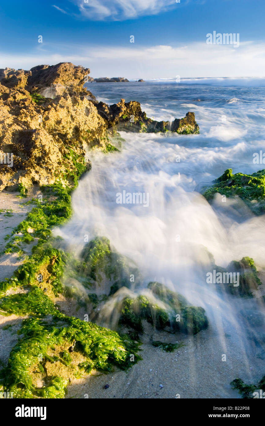 Rottura d'onda sulle coste calcaree a Trigg Beach a Perth, Western Australia Foto Stock