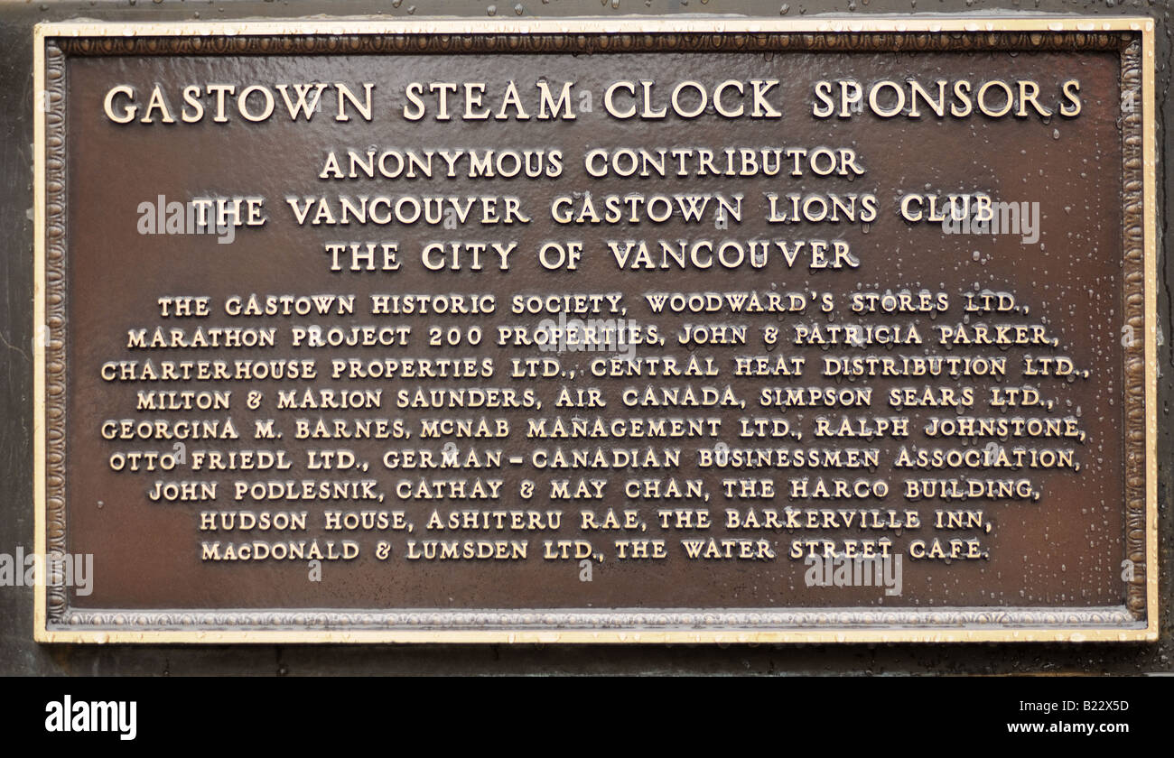Placca di informazioni relative agli sponsor coinvolti nell'Gastown orologio nella città di Vancouver BC Canada Foto Stock