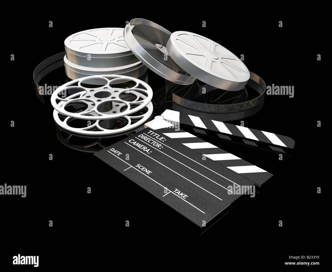 3D render di bobine di pellicola battaglio board e barattoli di pellicola su sfondo nero Foto Stock