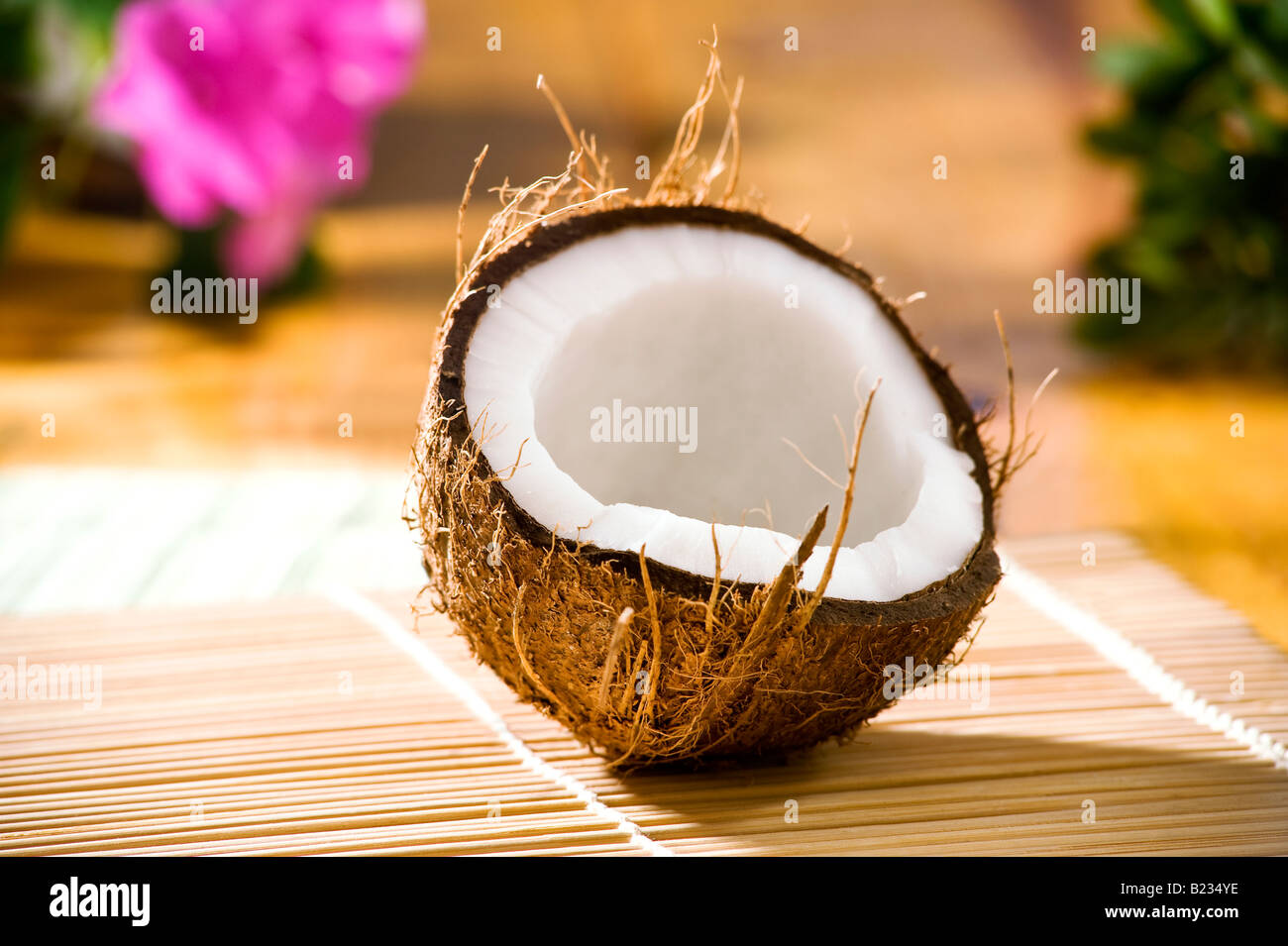 Ancora la vita di una mezza noce di cocco in un ambiente Foto Stock