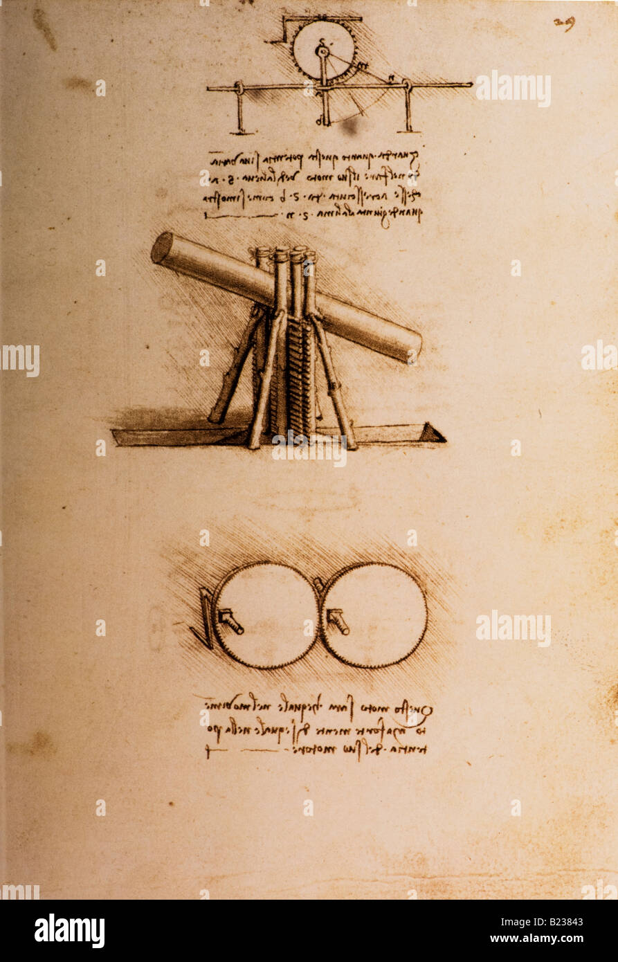 Studi per la trasmissione di potenza e per il sollevamento di una trave di Leonardo da Vinci 1493 Foto Stock