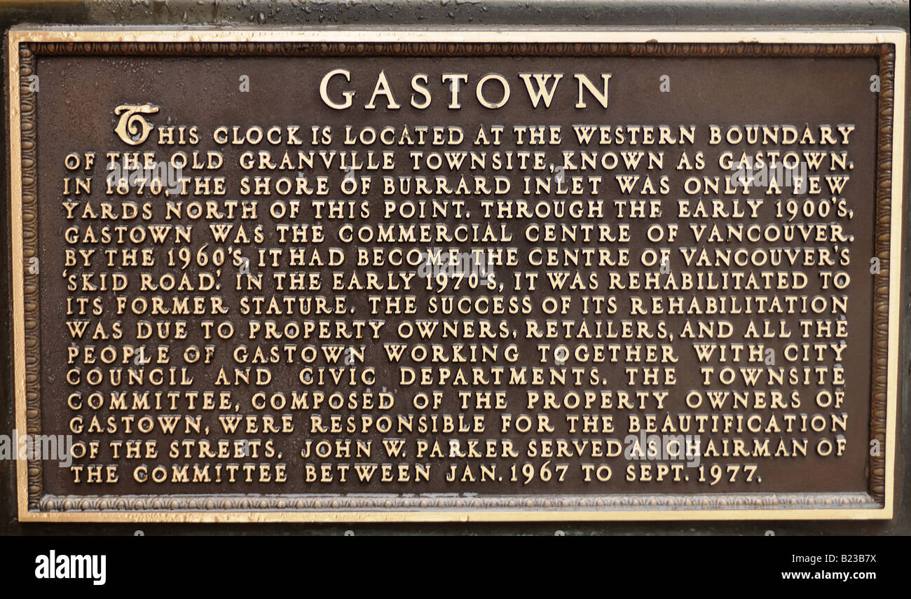 Placca di informazioni relative alla Gastown orologio nella città di Vancouver BC Canada Foto Stock