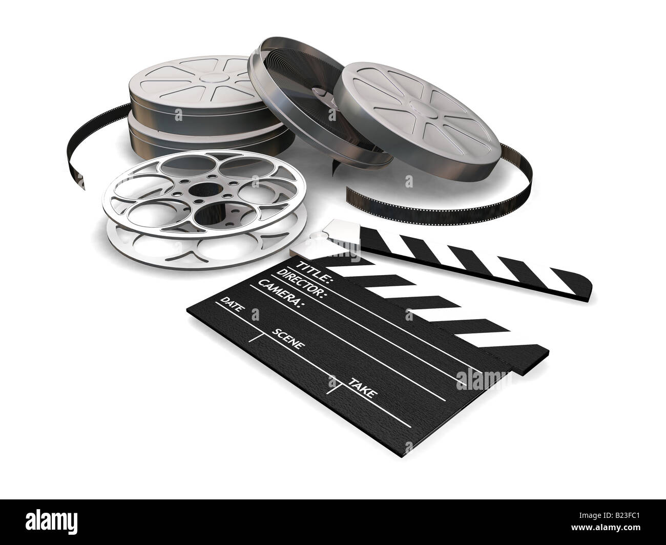 3D render di bobine di pellicola battaglio board e barattoli di pellicola su sfondo bianco Foto Stock