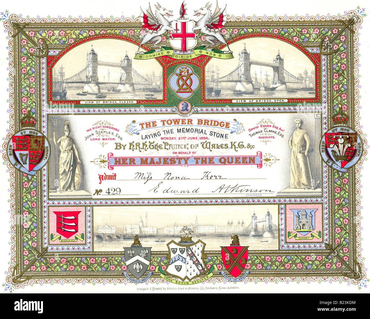 Dorate e chromolithographed invito per la posa della lapide commemorativa per il Tower Bridge 1886 Foto Stock