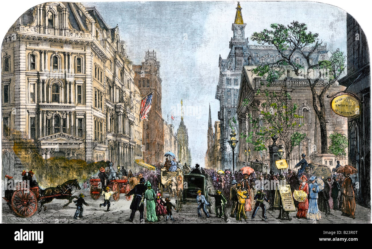 Broadway guardando a sud dal Post Office, New York 1880. Colorate a mano la xilografia Foto Stock