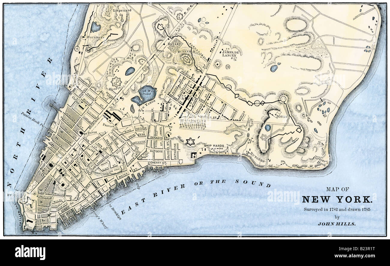 John Hill mappa di New York City intervistati nel 1782 disegnato nel 1785. Colorate a mano la xilografia Foto Stock