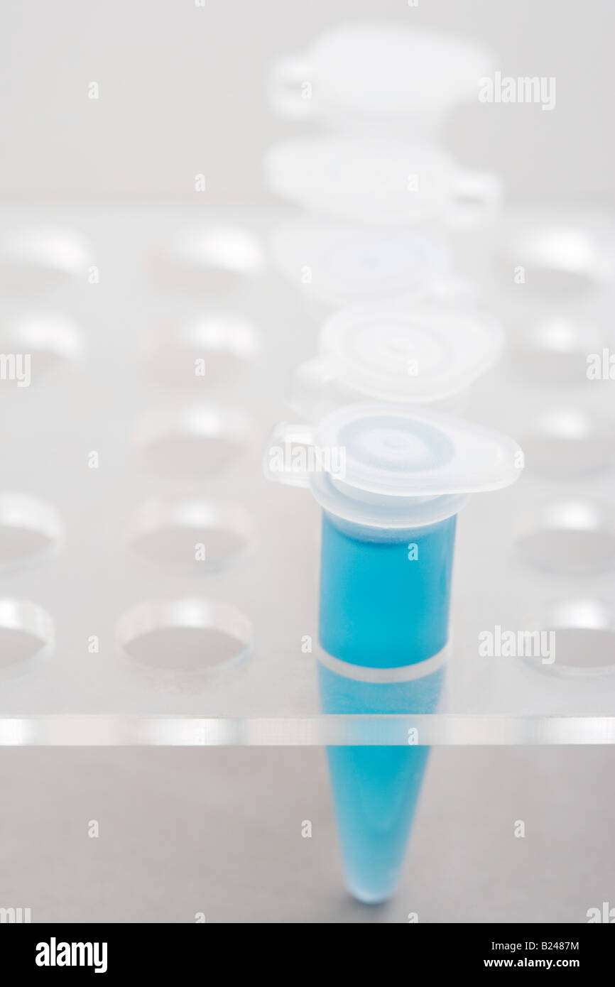 Liquido di colore blu in una provetta di materia plastica Foto Stock