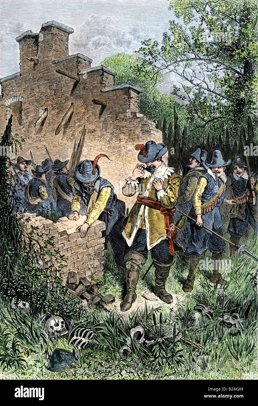 De Vries trova le rovine del suo insediamento olandese nel Delaware 1640s. Colorate a mano la xilografia Foto Stock