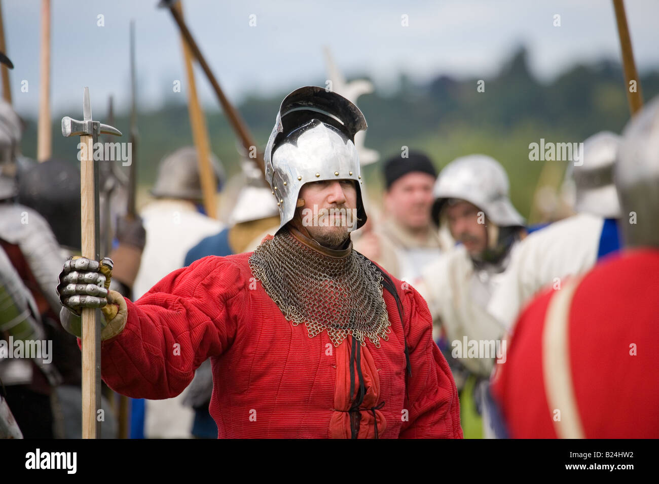 Armatura medievale come impiegato presso la rievocazione storica della Battaglia di Tewkesbury 1471 nelle guerre di rose Foto Stock