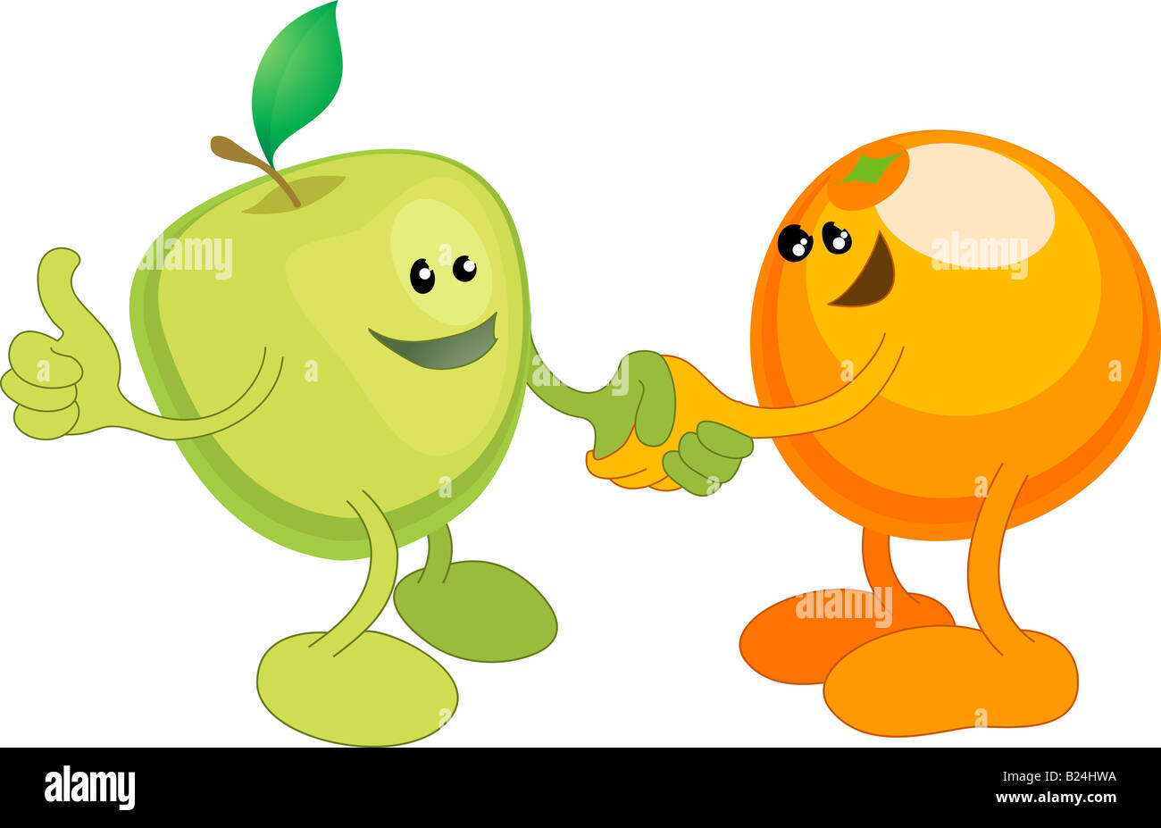 Illustrazione concettuale di un apple e orange stringono le mani. Gli opposti si attraggono, o diversi ma uguali Foto Stock
