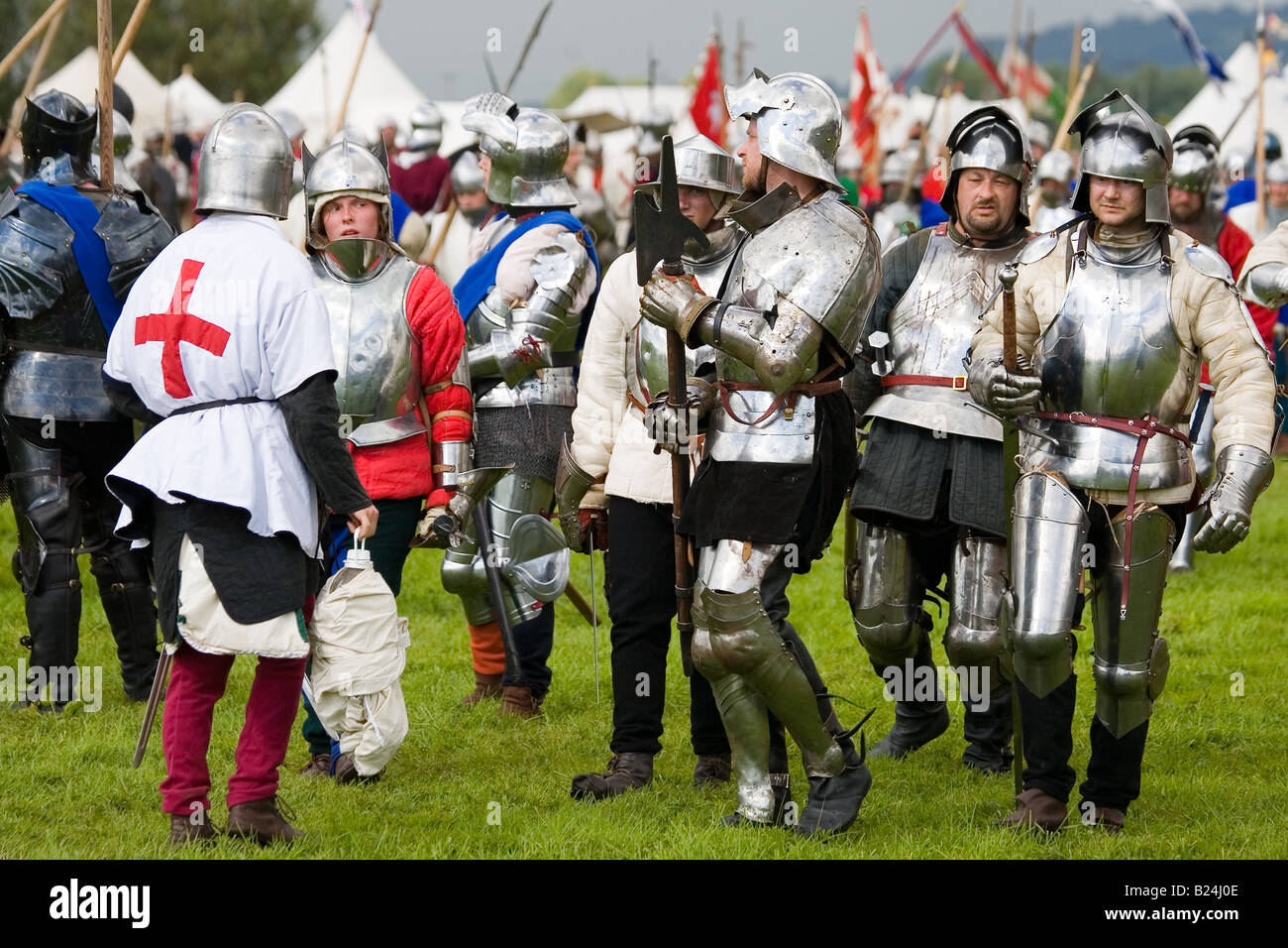 Armatura medievale come impiegato presso la rievocazione storica della Battaglia di Tewkesbury 1471 nelle guerre di rose Foto Stock