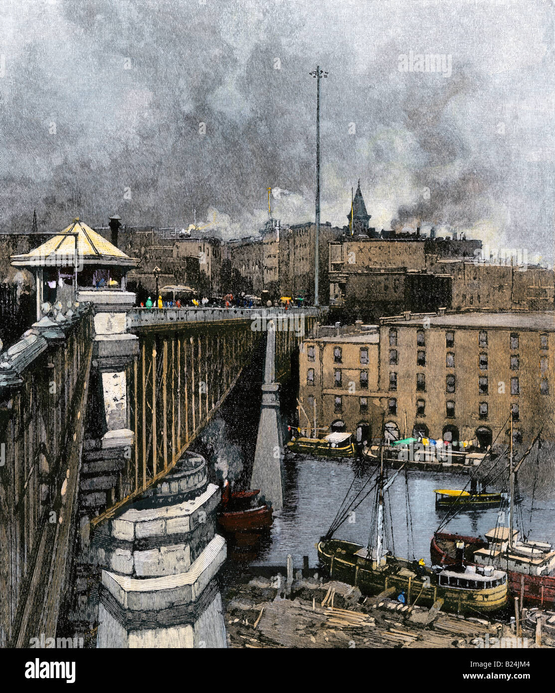 Cleveland Ohio dal viadotto sul fiume Cuyahoga 1880. Colorate a mano la xilografia Foto Stock
