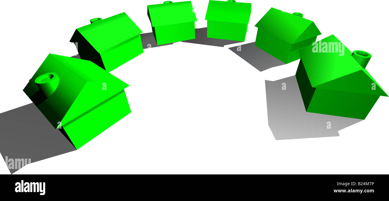 Una illustrazione concettuale per immobili. Alcuni verde case stilizzate in un semicerchio Foto Stock