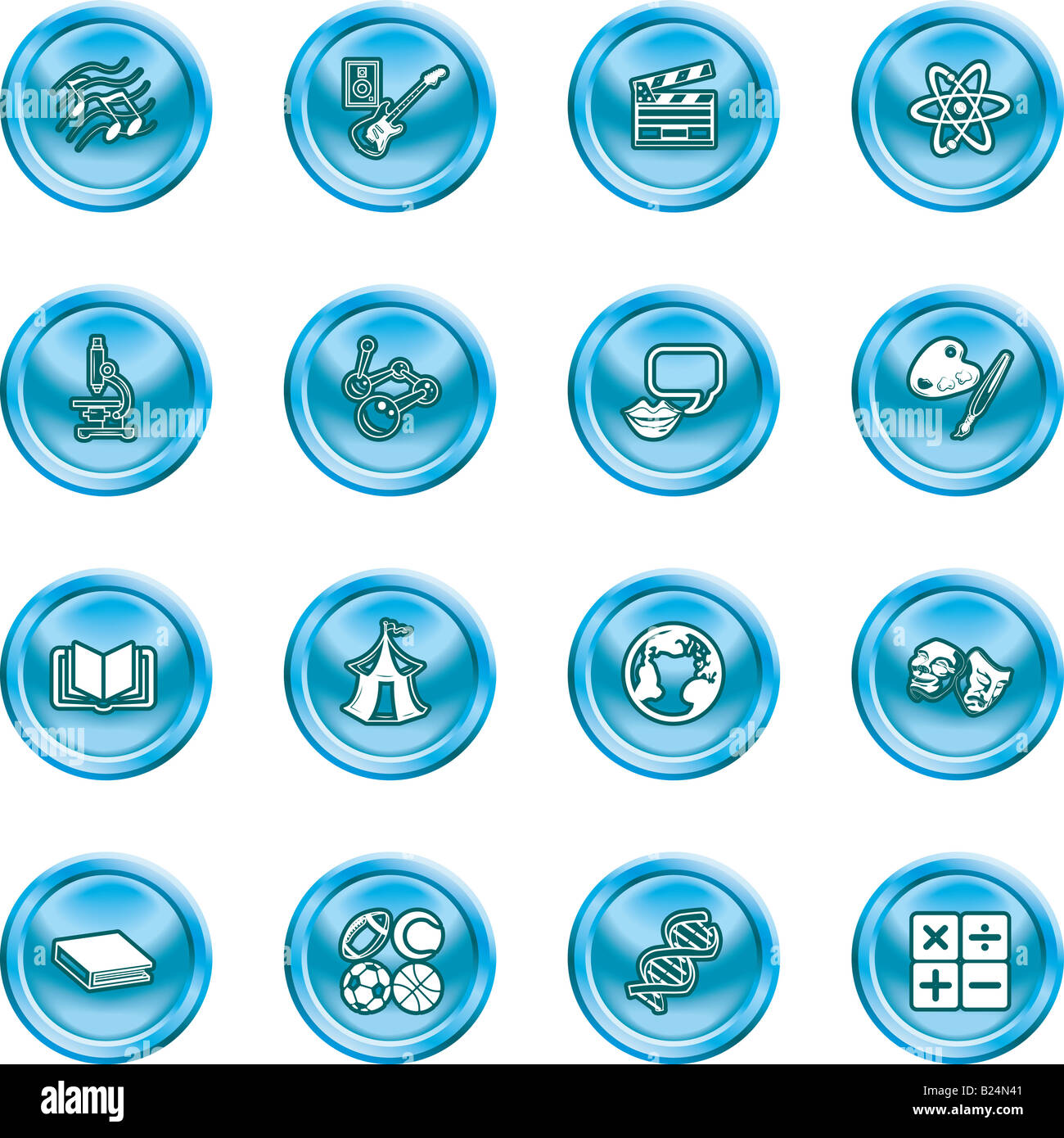 Lo studio accademico oggetto icone. Una categoria oggetto icon set eg. scienze, matematica, lingua, letteratura, storia, geografia, musicale, Foto Stock