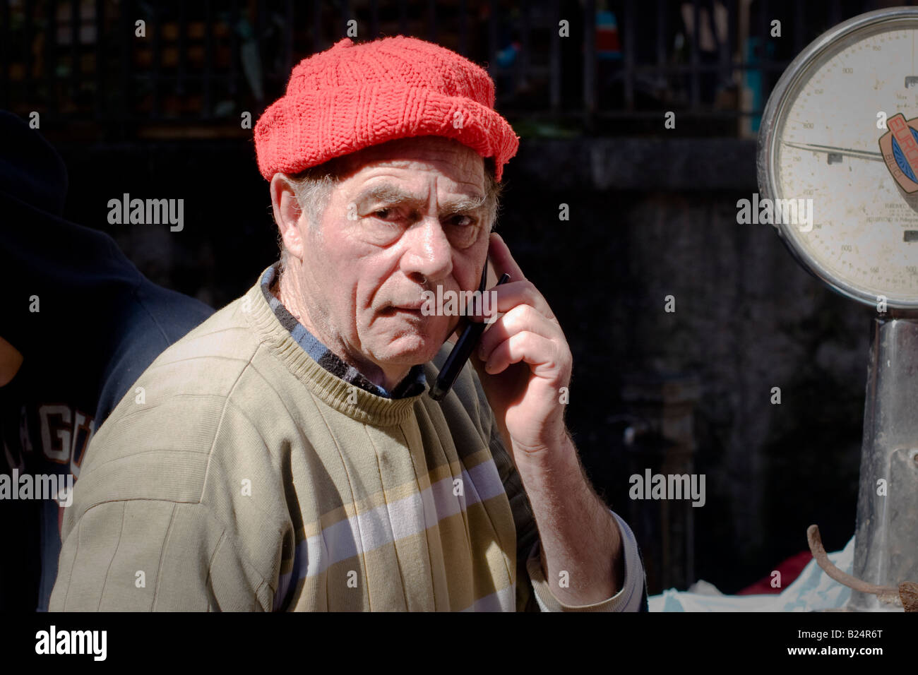 Venditore di pesce parlare al telefono mobile a Catania il mercato del pesce La Pescheria di Sant Agata, Sicilia, Italia Foto Stock