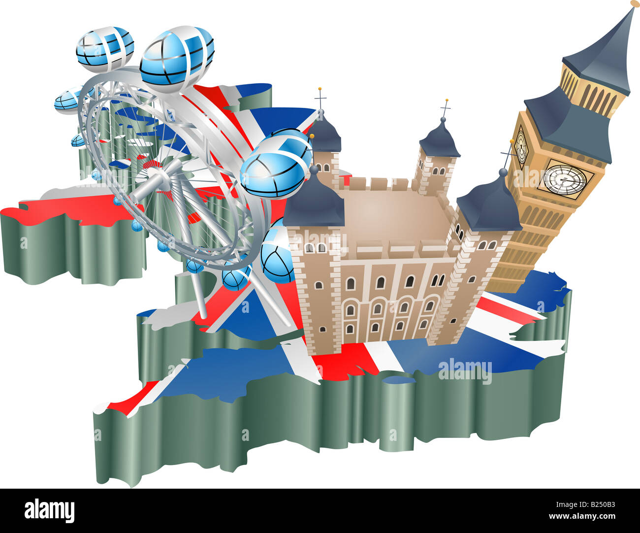 Una illustrazione di alcune attrazioni turistiche nel Regno Unito, significa Regno Unito turismo Foto Stock