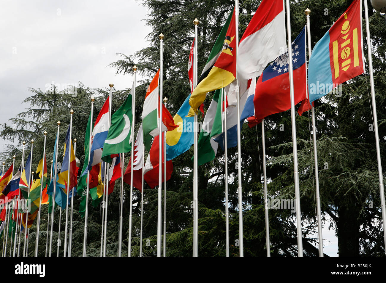 Bandiere, Ufficio delle Nazioni Unite a Ginevra (ONUG), Geneve, Svizzera. Foto Stock